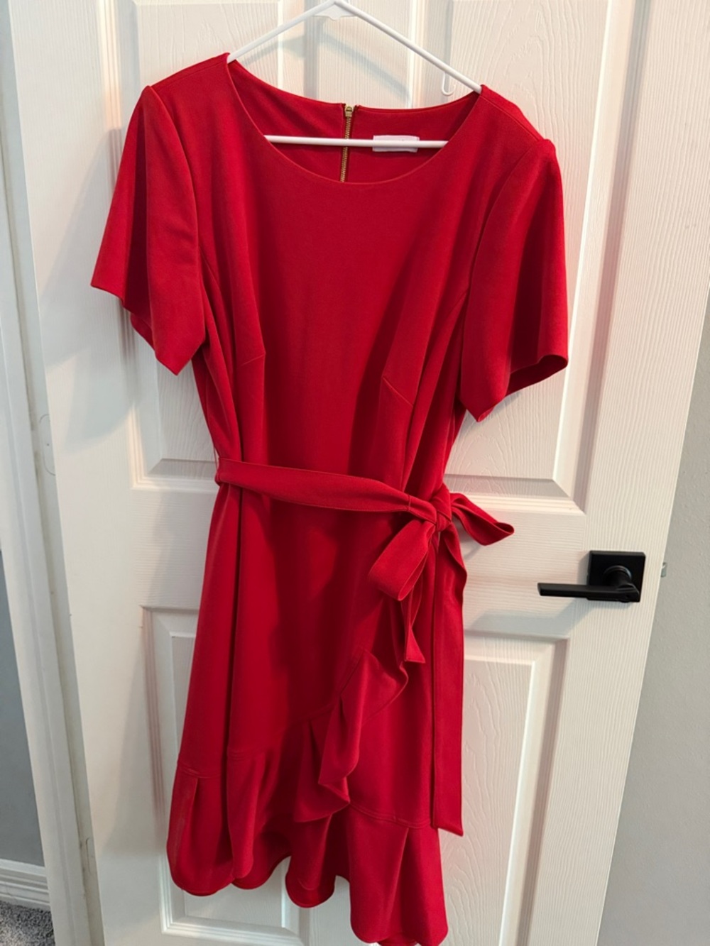 Calvin Klein Red Tie-Waist Midi Dress with Ruffle Detail